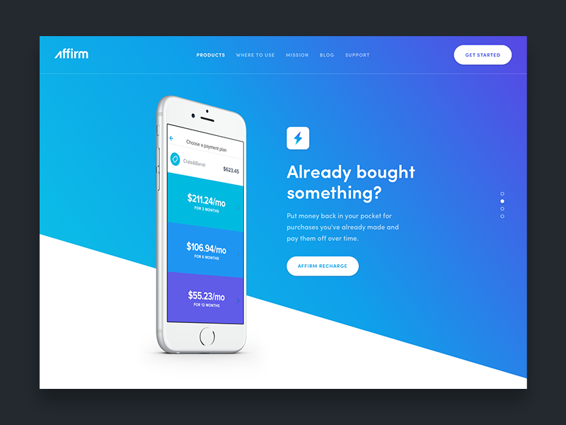 Product page exploration affirm blue icon animation web mobile iphone button ui gradient slider