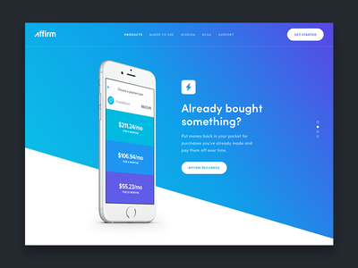 Product page exploration affirm animation blue button gradient icon iphone mobile slider ui web