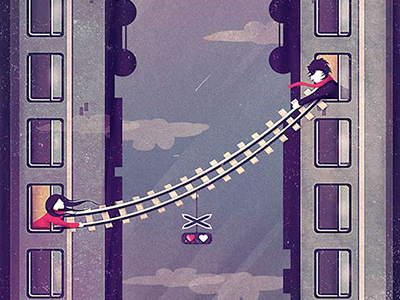 I won't leave without U couple goodbye illustration love people retro skyscraper surreal surrealism train vector vintage