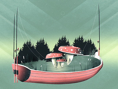 Fishing for Mushrooms amanita boat fairytale fish fishing forest landscape mushrooms surreal surrealism vector vintage