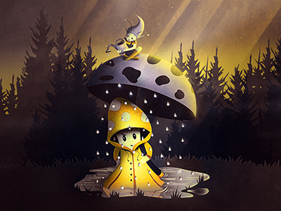 Rain Drops umbrella pixie golden whimsical forest trees raincoat rain magic digital fantasy mushroom