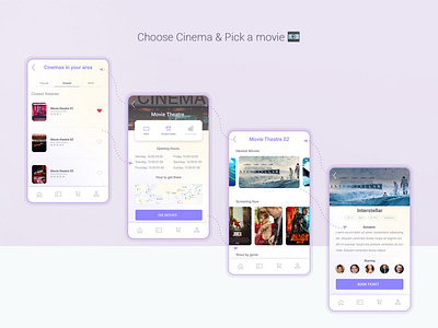 Movie Theatre App UI Design: Cinemas and movies lists.