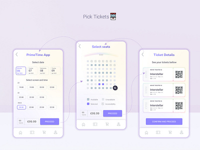 Movie Theatre App UI Design: Session and Tickets Pages