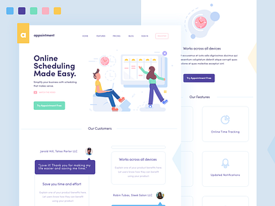 Appointment Home Page blog calendar clocks customers dashboard features hero homepage illustration shedule splash testimonials white design