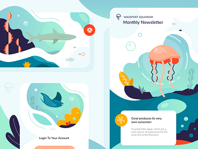 Aquarium Branding Flow aquarium branding dashboad email jellyfish landingpage mobile ocean sea shark simple ui ux white