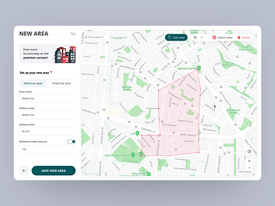 Delivery area settings page