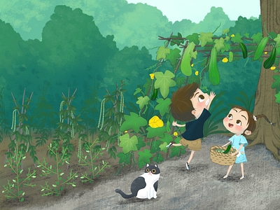Picking towel gourds boy childrens illustration girl procreate summer vegetable