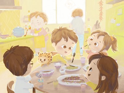 Meemaw's house boy childrens illustration girl having dinner kitchen meemaw procreate vacation