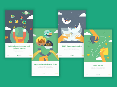 Onboarding Screens boat character choose communication cottage green homes interface moon night refer travel ui ux yellow