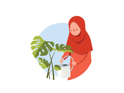 Watering Monstera Plants character design easy flat flat character flat design garden google illustration illustrator landing page leaves minimalist monstera plants moslem mother plants plants relax ui vector