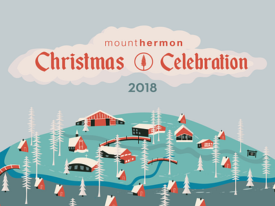 Christmas Mountain Village Illustration branding cabin cabins christmas christmas illustration color design flat design fun illustration mount hermon mountains redwoods santa cruz scene illustration town tree vector village vintage