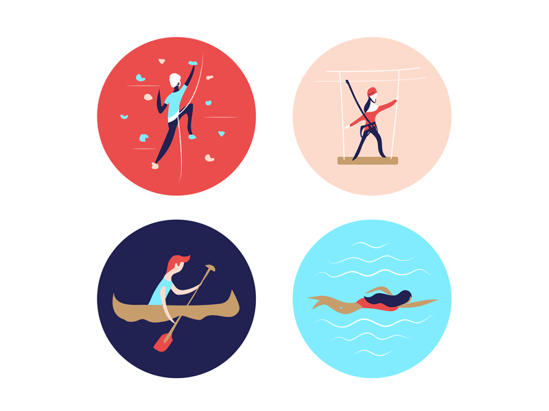 Summer Icons – Recreational Activities activities adventure adventure course camp canoe circle icons climbing fitness icon set iconography mount hermon outdoors recreation rock climbing summer summer camp summertime swim swimming pool vector
