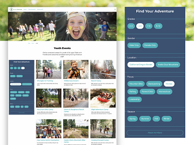 "Find Your Adventure" Camp Website – Event Search card design category event search filter filter options kids mount hermon nature search search results searching summer camp tiles ui ux web design website whitewater rafting youth camp youth events