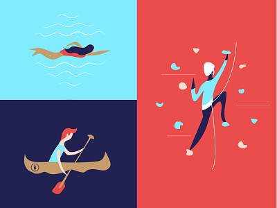 Active Lifestyle – Adventure Activities adventure canoe canoeing character climber color colorful fitness fun iconography illustration illustrator nature people recreation rock climbing summer camp swimmer swimming vector