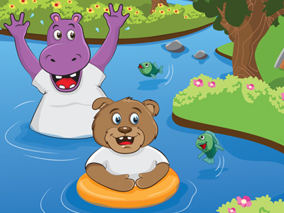 Hippo & Bear childrens art vector illustration