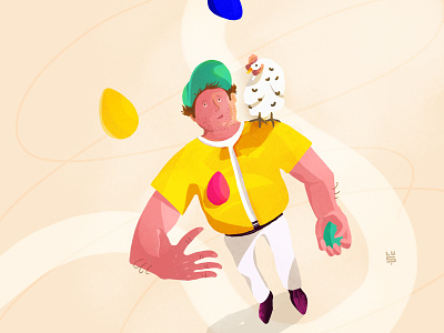 Juggling with Easter eggs artwork brushy character character design chicken children colors digital dribbling easter eggs fun illustration illustration digital juggler juggling naive illustration photoshop play wacom