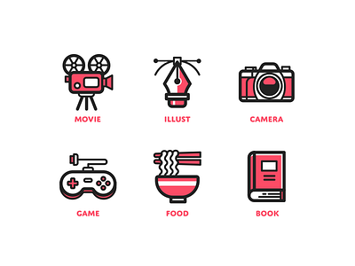 Icon set book camera food game icon illustration movie