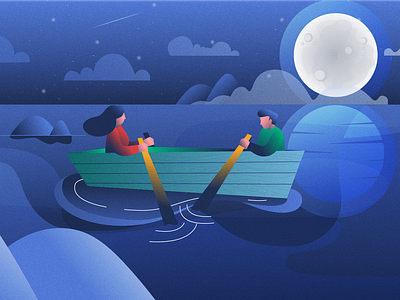 Together .. blue boat charachter design man man and woman moon night overlay row sea togetherness water woman