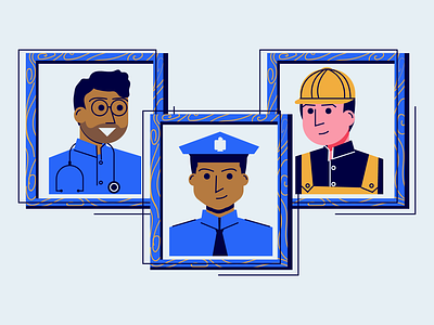 Framed .. blue business character design doctor frame hat design helmet jobs photograph picture police policeman scrubs stethoscope strokes uniform wood work workers workers day