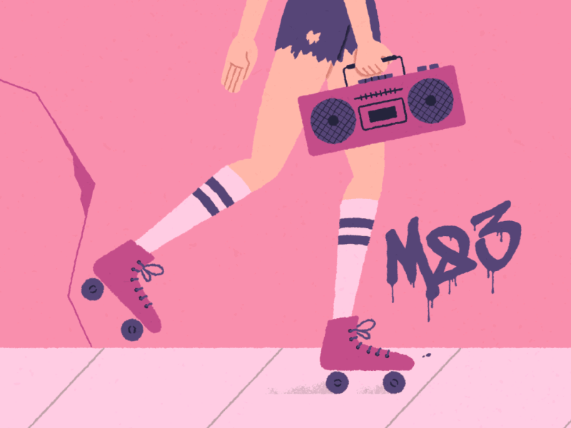 Boombox boombox character design graffiti music pink retro roller skate shorts walk cycle wall