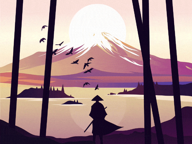 Samurai and the sun animation birds colors illustration japan motion mountain rock sky sun