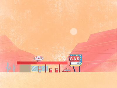 Late Evening americana car desert gas station illustration mountains procreate route 66 sign