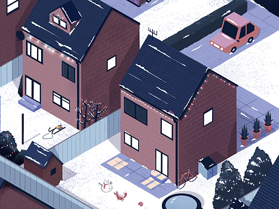 Winter blue cars christmas fox garden houses illustration procreate snow suburban trees winter
