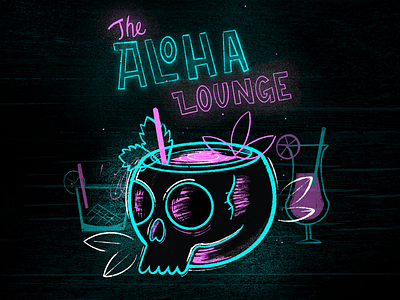 Aloha Lounge bar cocktails hawaii neon procreate skull texture tiki