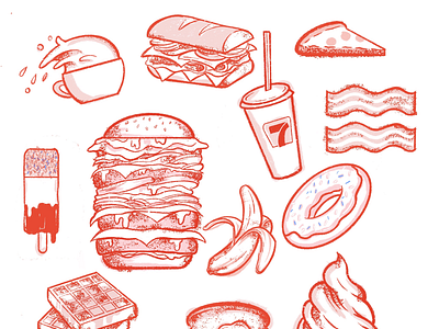Snacks bacon burger coffee donut egg illustration pink pizza procreate red sandwich snack