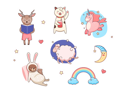 Sweet stickers animal baby bear cat characters deer illustration moon nice rabbit rainbow sheep sticker unicorn