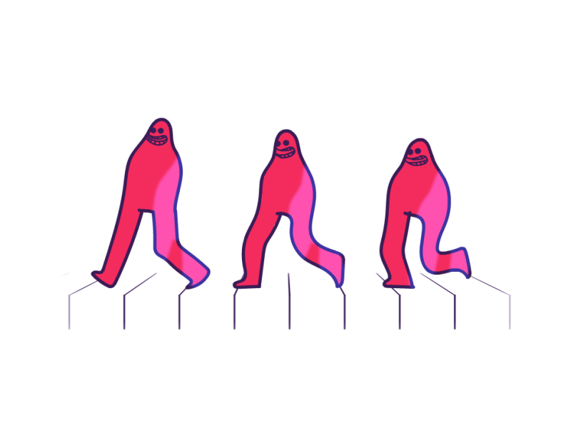 Abbey Road but it's three humanoid chewing-gums instead 2d animatecc character walkcycle