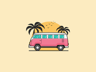 Summer VW Van beach car classic design flat illustration line logo palm road summer tshirt vector vehicle volkswagen vw vw bus vw van