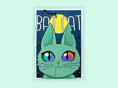 BATCAT Holographic Sticker bats blue cat character comic design green halloween illustration kitten mint moon spooky sticker