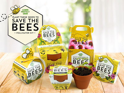 Save the Bees Product and Identity Design bees branding design garden graphic design grow kits honey honeybees honeycomb logo outdoor planting plants product yellow