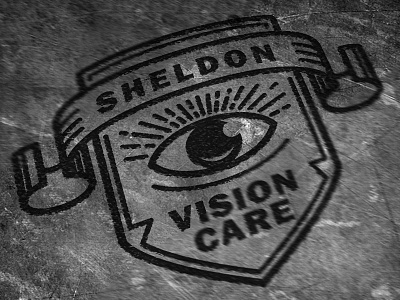 Optometrist banner black crest distorted emblem eye grunge noise scroll shield vision white