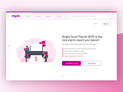 MYOB Landing Page Redesign 003 adobe illustrator adobe xd call to action carousel indicator daily 100 dailyui003 gradient illustration myob redesign search sign in sign up