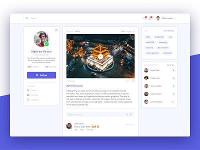 User Profile with News Feed 006 adobe xd button comment dailyui design external links favourite follow like media newsfeed profile tags ui user ux videoplayer webapp webapplication