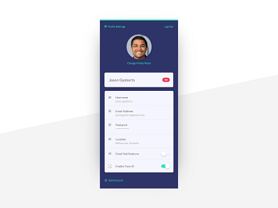 User Profile Settings 007 adobe xd app biometrics dailyui dailyui007 faceid location melbourne pro settings toggle switch ui user card username