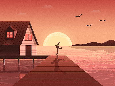 The sunset of happiness color illustration romantic seaside sunset