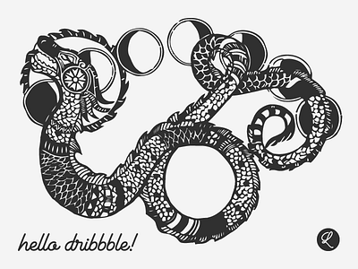 hello, dribbble! dragon graphic illustration logo norse printmaking ux design vector woodcut