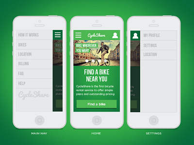 Cycleshare Navigation green interaction mobile navigation user experience user interface web design