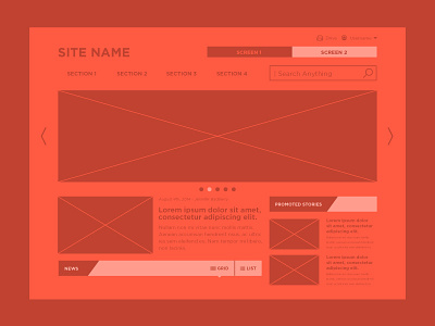 Wire Frame flat hero home homepage navigation news red site ui user interface wireframe