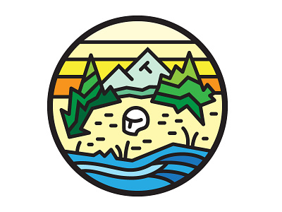 Wild Death badge bank micro illustration mountains river shore skull sky trees water