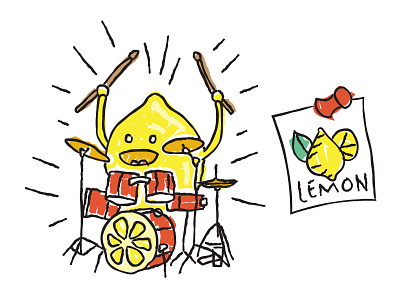 Lemon on the Drums drum kit drummer drums illustration lemon lemon juice poster sauce thumb tack