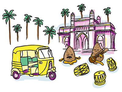Bombay almond bombay hand drum meditation palace palm tree rickshaw sitar tabla