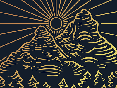 SoDown close up gold graphicdesign lineart mountain mountains sun sunrays trees vector woodcut