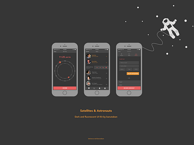 Satellites & Astronauts UI Kit - Mobile Applications contrast colors dark background dark theme fluorescent payment screen space themed ui kit time picker ui kit