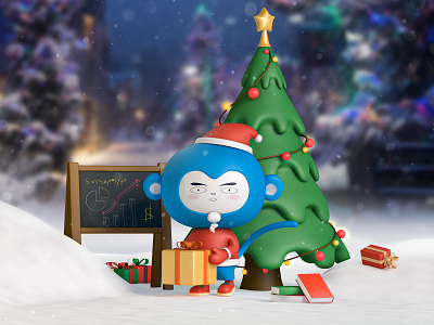 Merry Christmas 3d animation brand design c4d christmas classes financial gift icon illustration lights monkey poster snow space stars texture typography