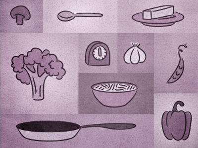The Belly Rules The Mind broccoli cognition cooking food illustration noodles peas purple