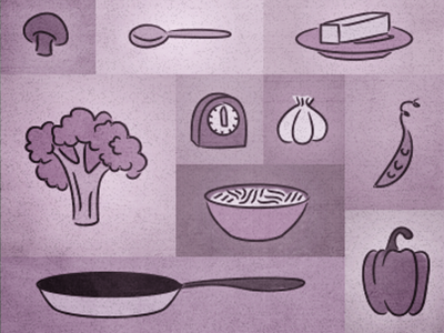 The Belly Rules The Mind illustration cognition food cooking broccoli peas noodles purple